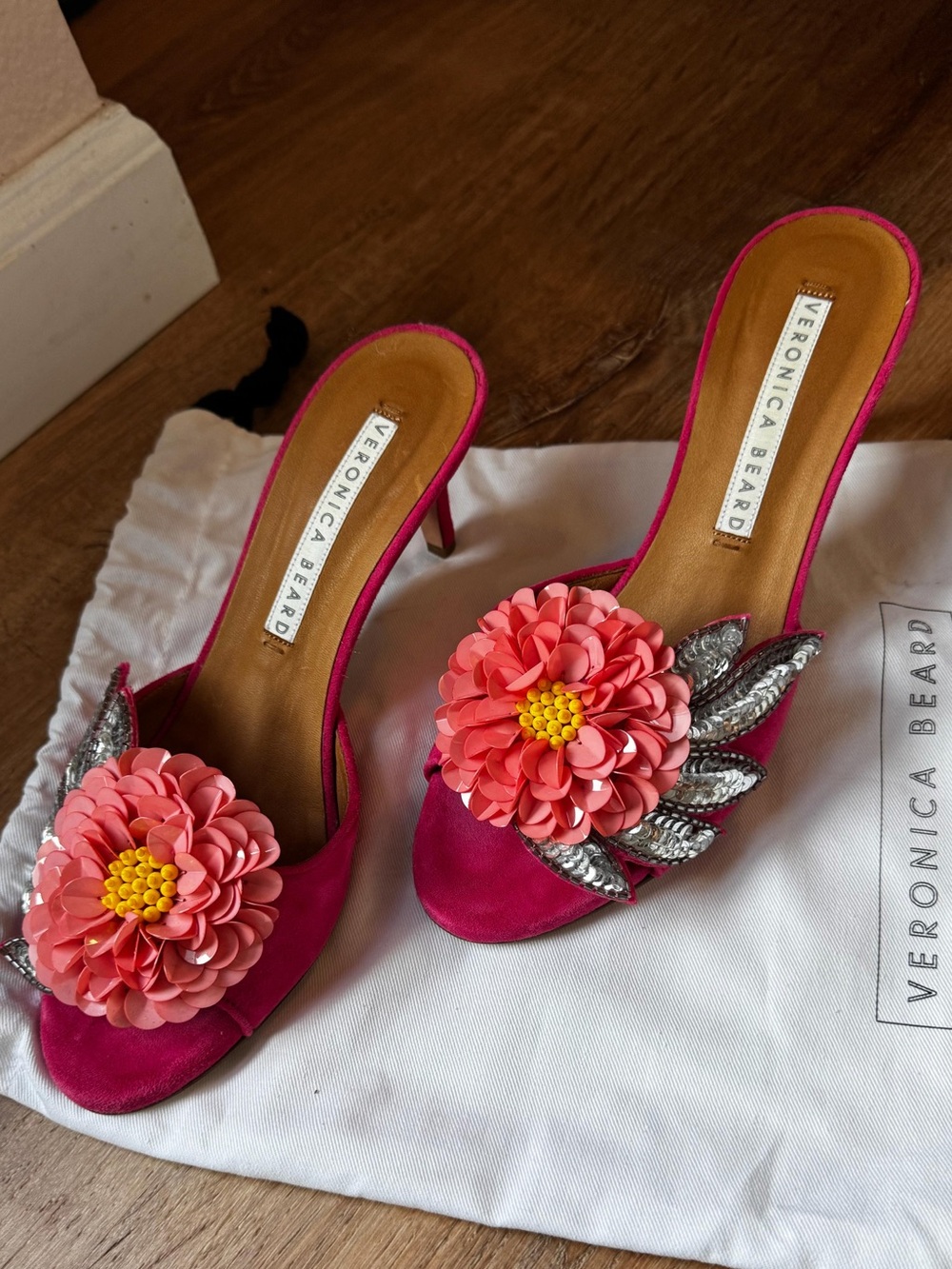Veronica Beard Fuchsia Mules with Coral Floral and Silver Leaf Embellishments